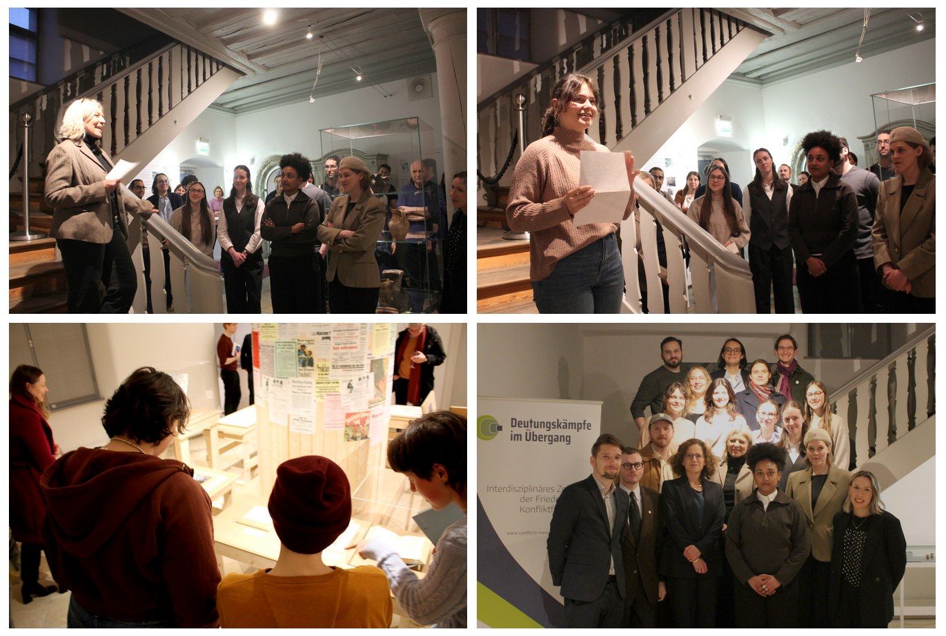 Pictures of the exhibition opening showing Martina Ruppert, the Museum director, and students