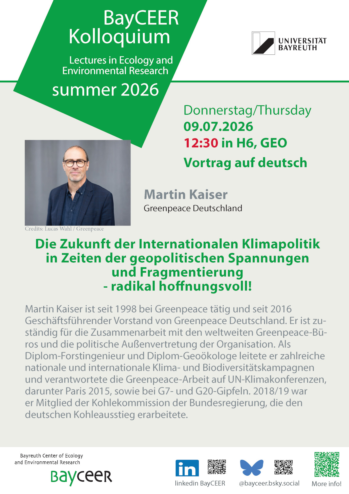 Veranstaltungsplakat mit Foto von Martin Kaiser und dem Veranstaltungstitel "Die Zukunft der Internationalen Klimapolitik in Zeiten der geopolitischen Spannungen und Fragmentierung - radikal hoffnungsvoll!"