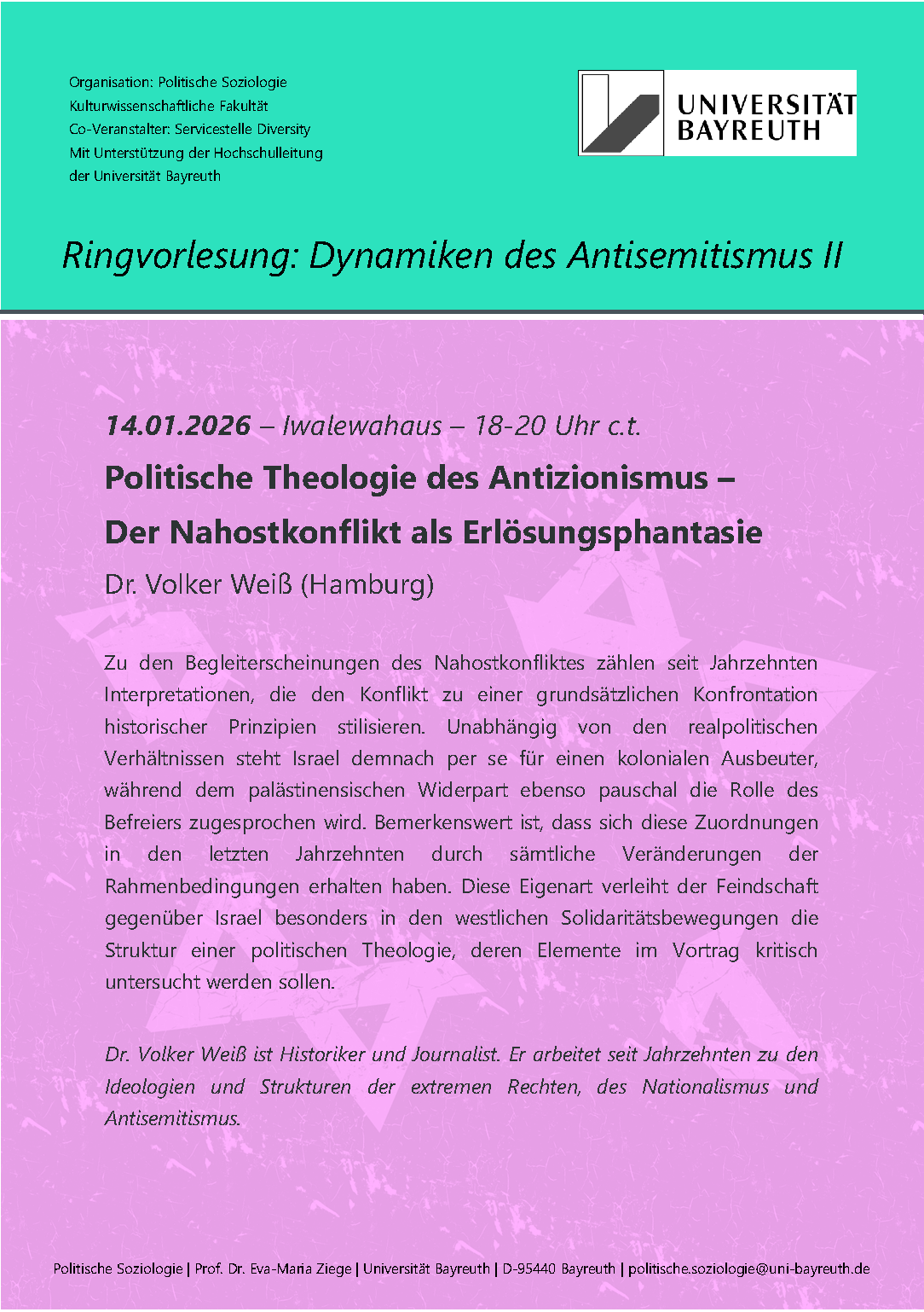 Plakat zum Vortrag "Politische Theologie des Antizionismus - Der Nahostkonflikt als Erlösungsphantasie"
